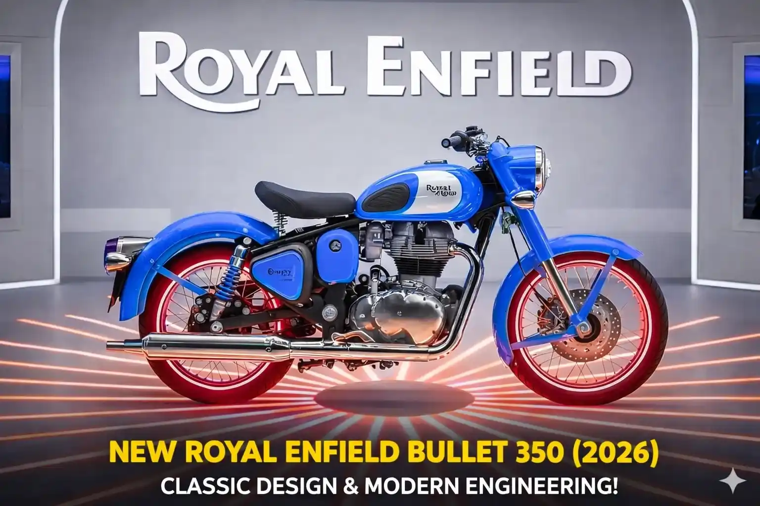 New Royal Enfield Bullet 350 2026 blue color classic design studio image